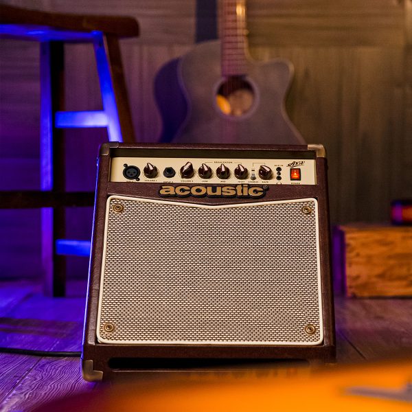 A15V 15W acoustic amp in a studio with guitars in the background