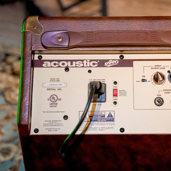 close up of A20 20W acoustic amp back panel