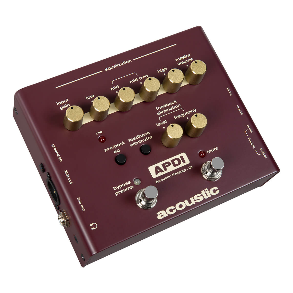 Top right angle view of acoustic APDI Acoustic Preamp + DI Pedal