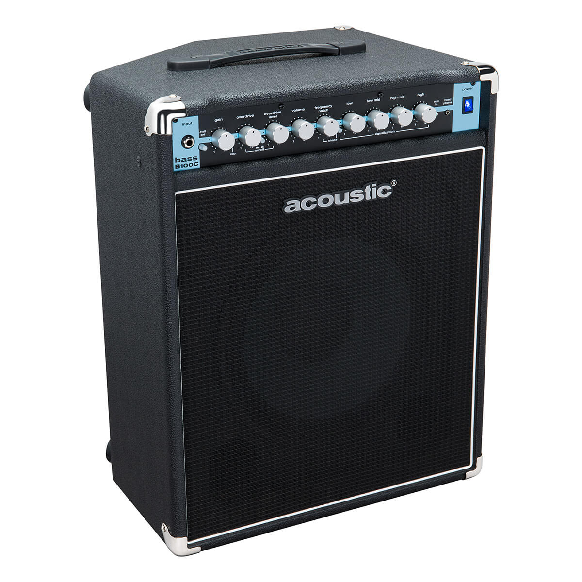 Right angle view of Acoustic B100C 100 W 1×10″ C-Series Bass Combo Amp