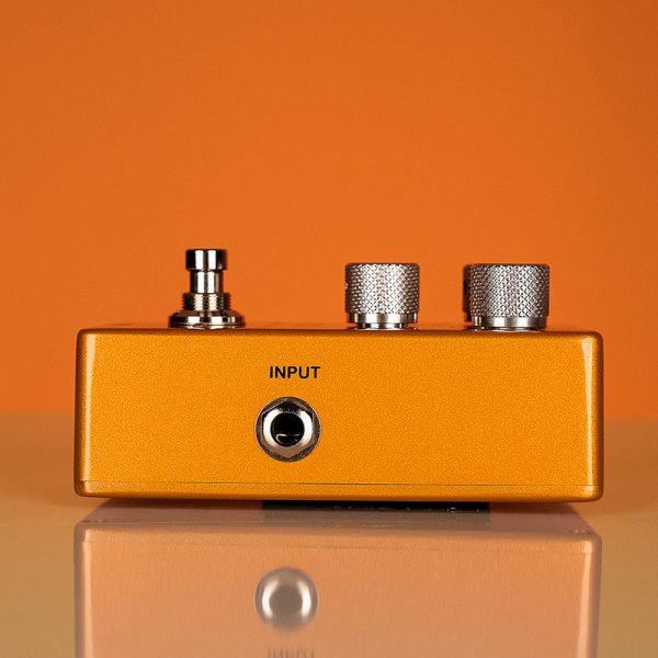 Gamma Atlas boosted overdrive pedal right side in orange space.