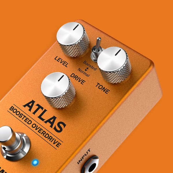 Gamma Atlas boosted overdrive pedal angled left on orange scene background close up.