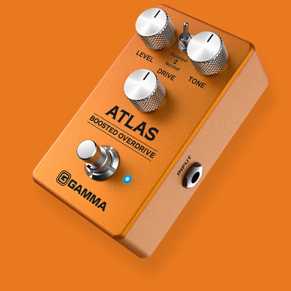 Gamma Atlas boosted overdrive pedal angled floating on orange background.