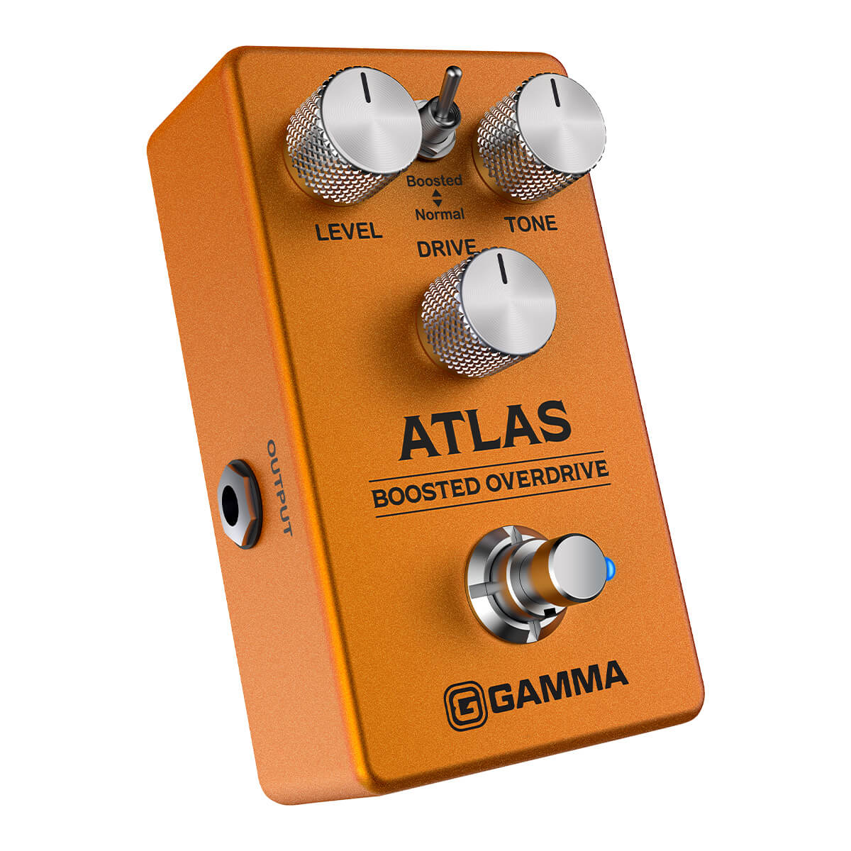 Gamma Atlas boosted overdrive pedal angled right.
