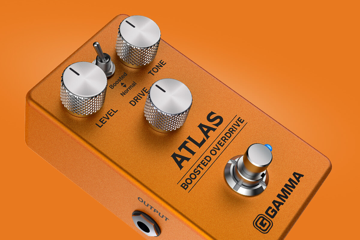 Gamma Atlas boosted overdrive pedal angled right on orange scene background close up.