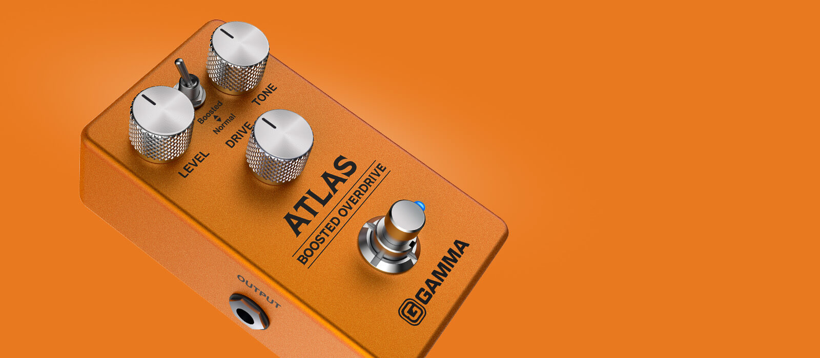 Gamma Atlas boosted overdrive pedal angled right on large orange scene background.
