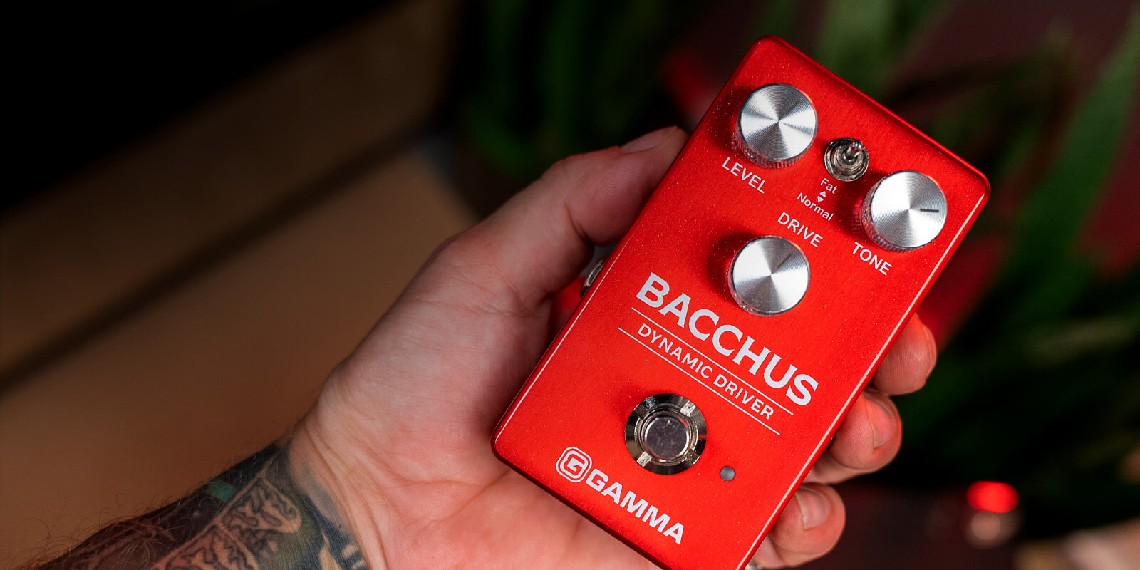 Gamma Bacchus dynamic driver pedal in hand close up.
