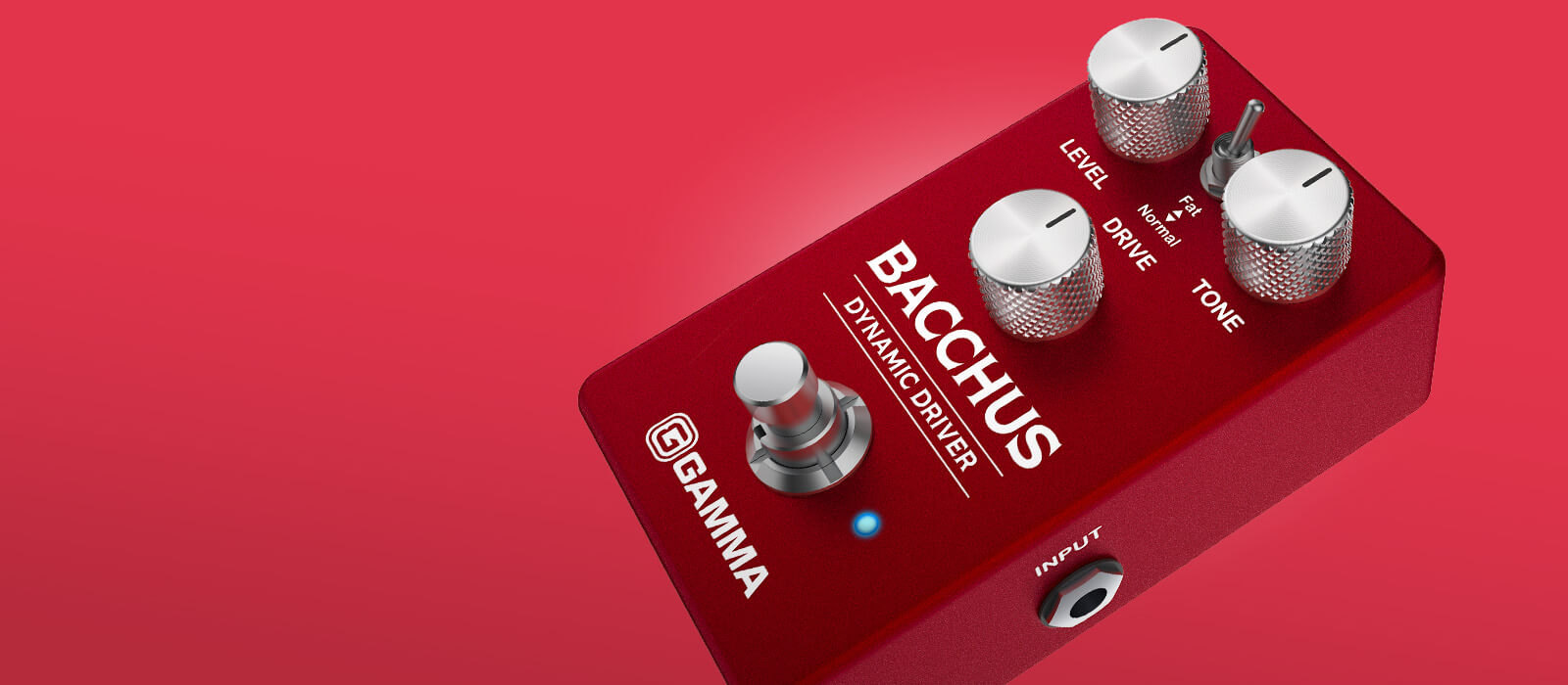 Gamma Bacchus dynamic driver pedal floating on red background.