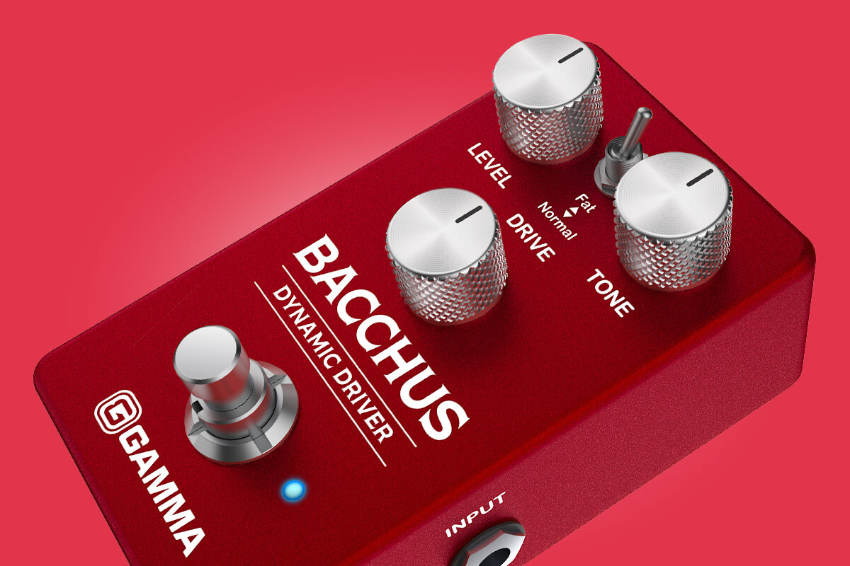 Gamma Bacchus dynamic driver pedal floating on red background close up.