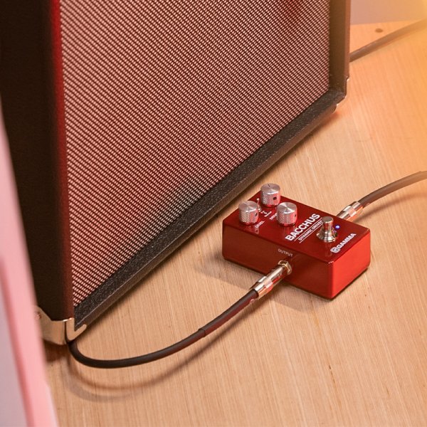 Gamma Bacchus dynamic drive pedal on the floor with amplifier.
