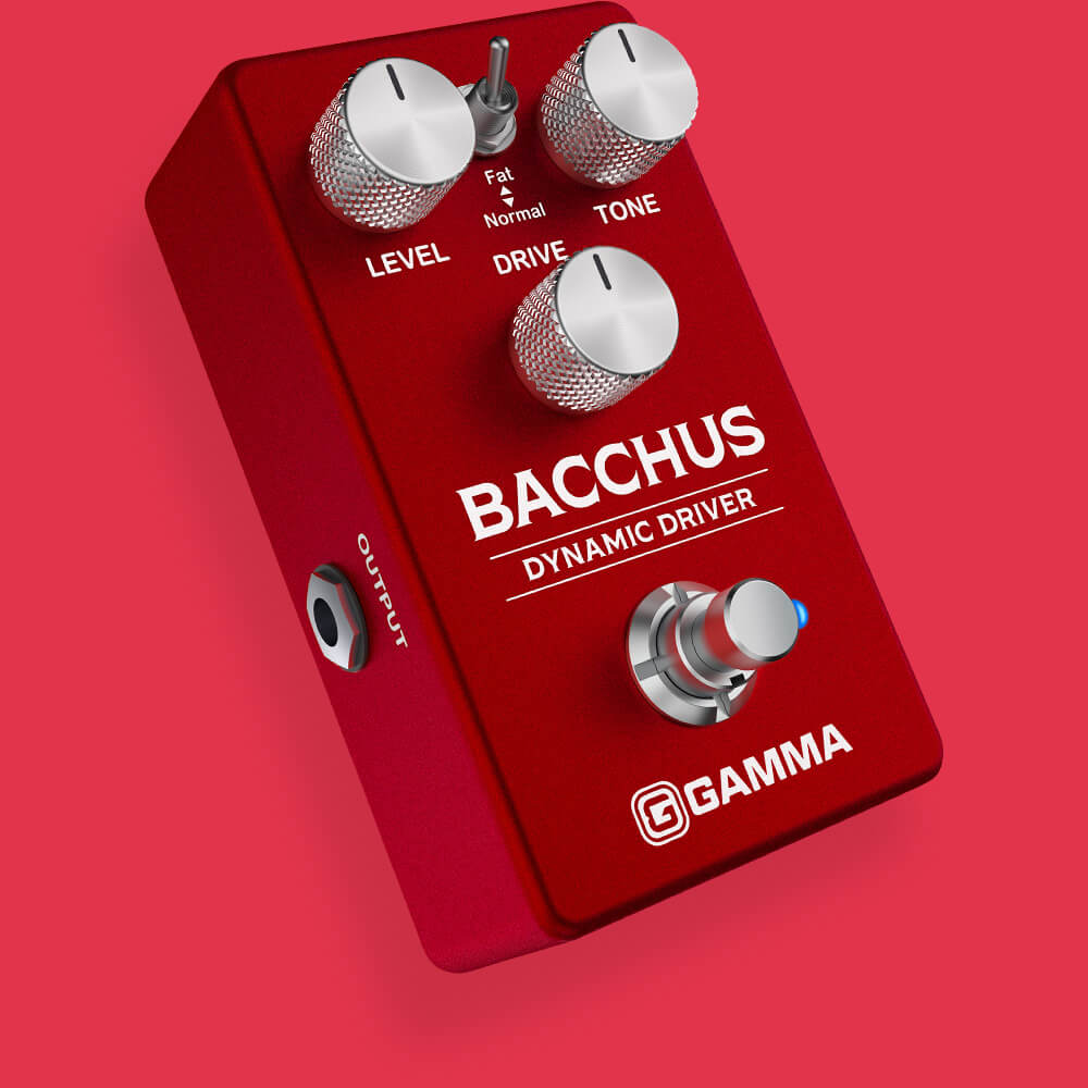 Gamma Bacchus dynamic driver pedal angled right floating on red background.