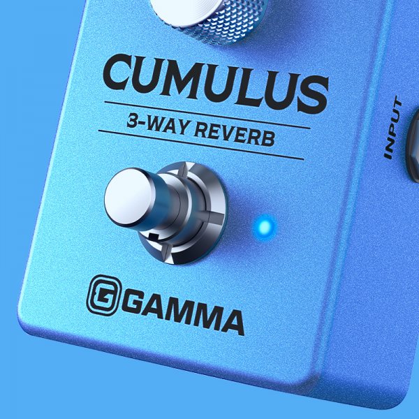 Gamma Cumulus 3-way reverb angled left on blue background pedal close up.