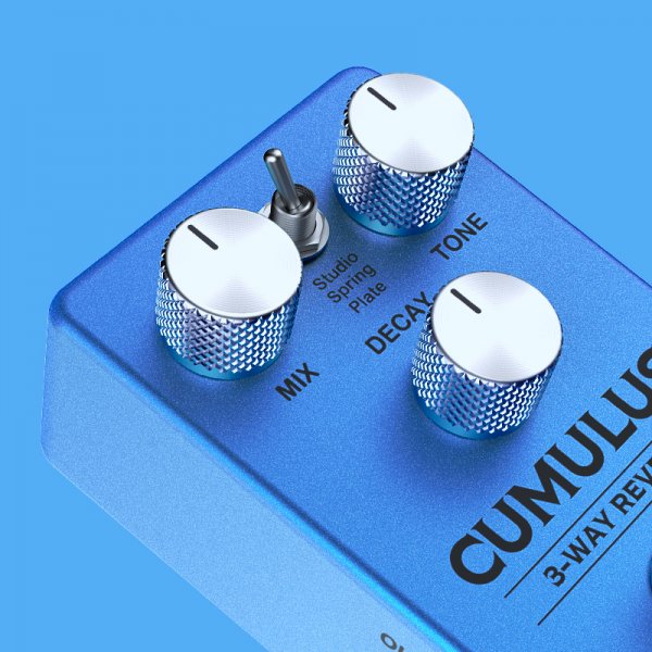 Gamma Cumulus 3-way reverb angled right on blue background knob close up.
