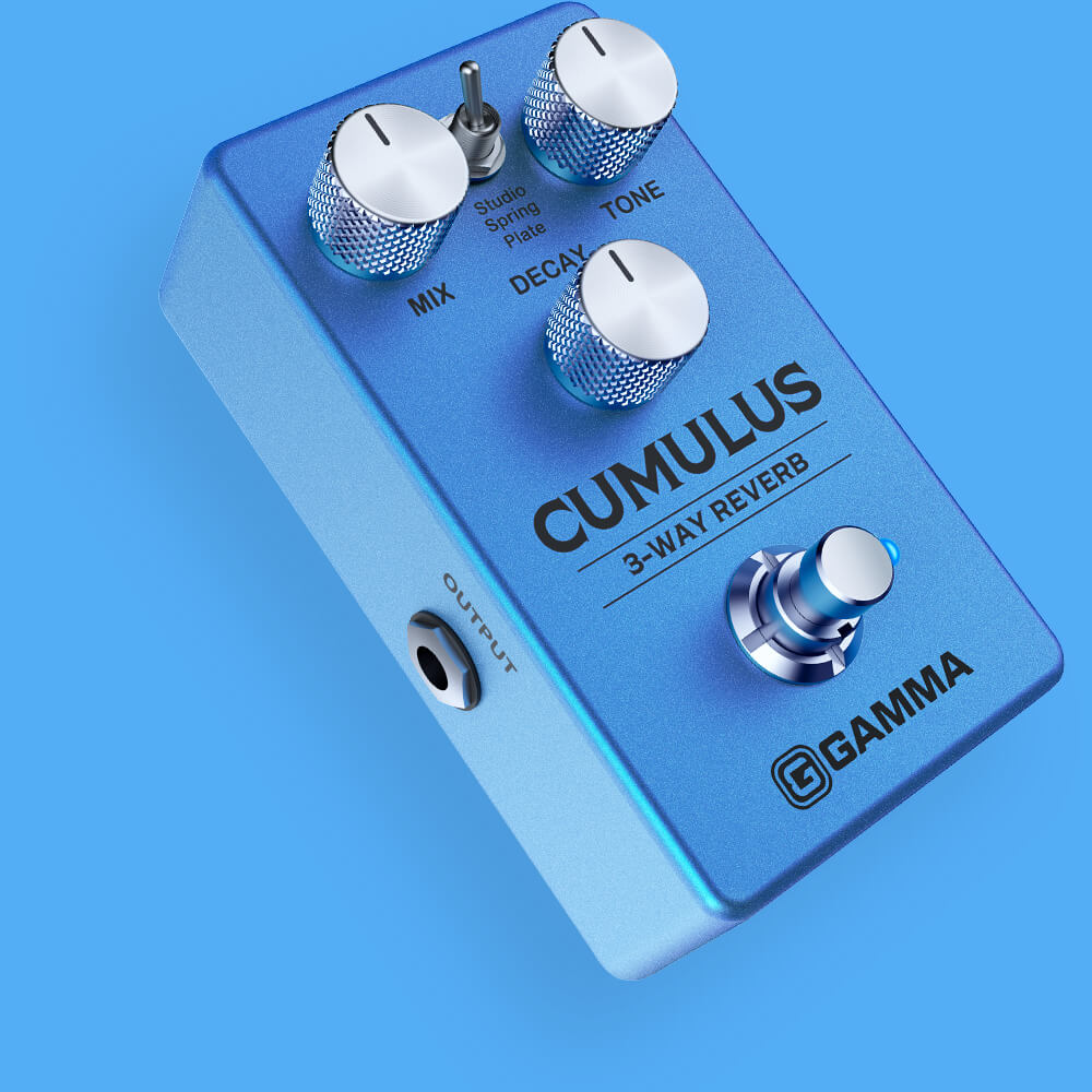 Gamma Cumulus 3-way reverb pedal floating on blue background.