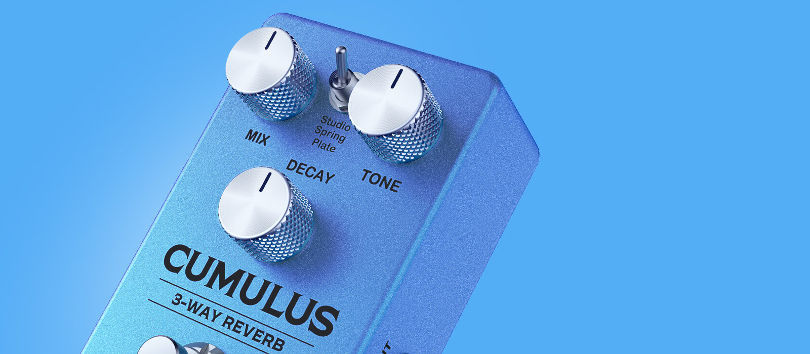 Gamma Cumulus 3-way reverb pedal floating on large blue background angled left.