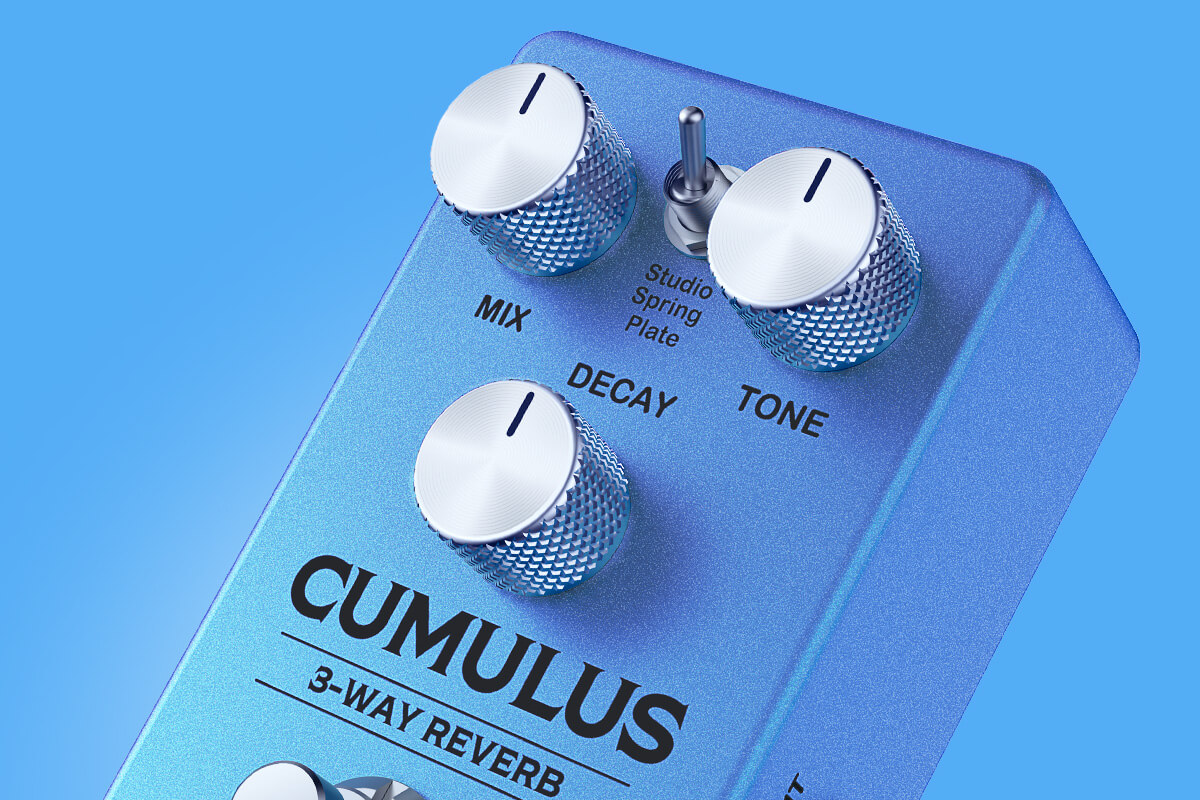 Gamma Cumulus 3-way reverb pedal floating on large blue background angled left close up.