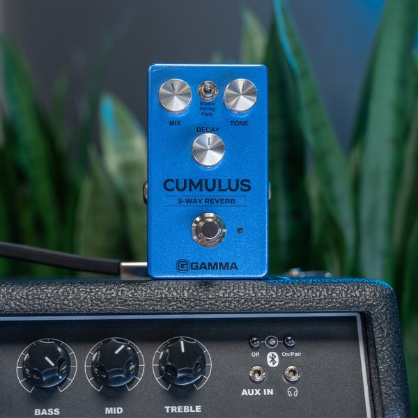 Gamma Cumulus 3-way reverb pedal standing on top of Gamma amp.