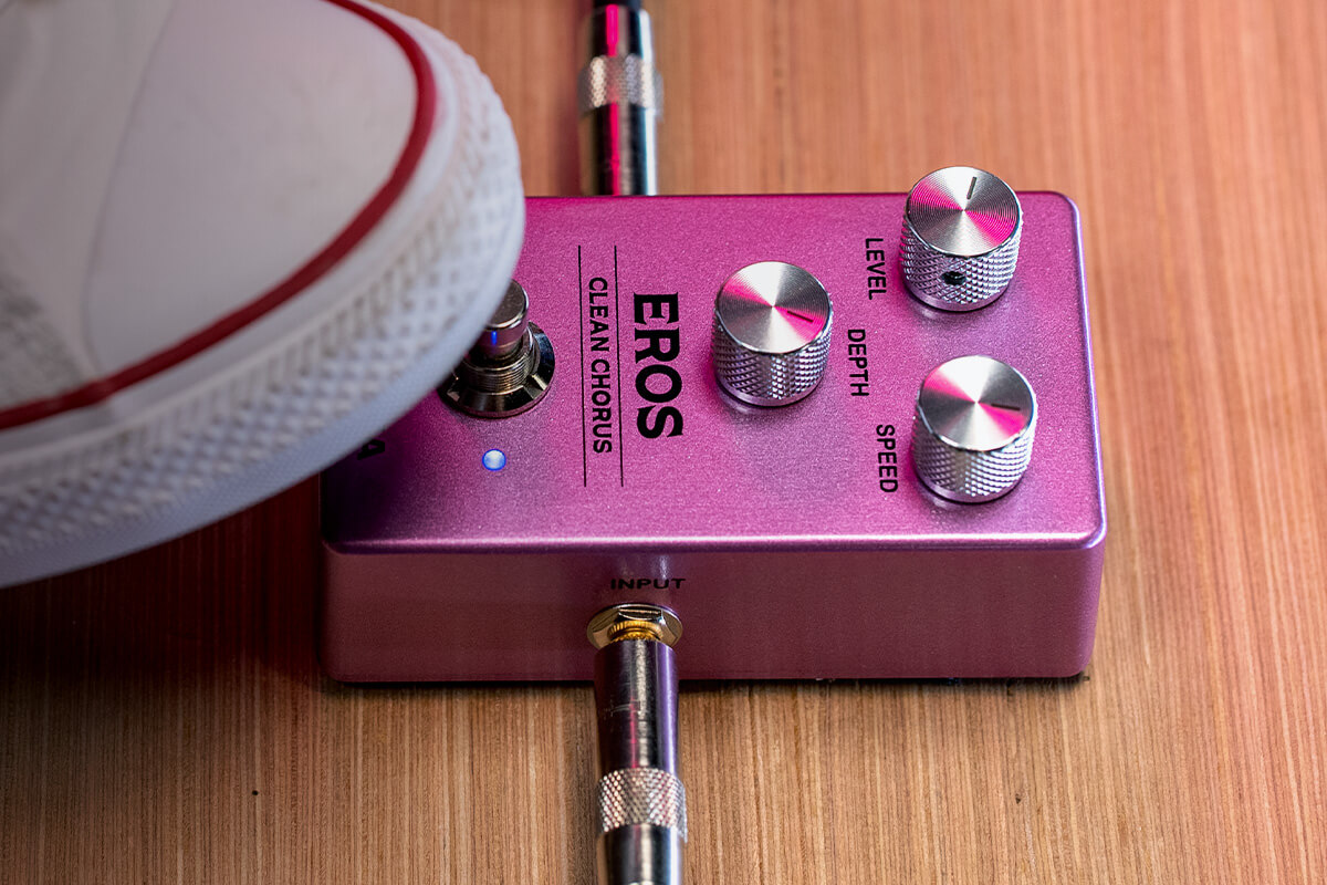 Gamma Eros clean chorus pedal on the ground close up.