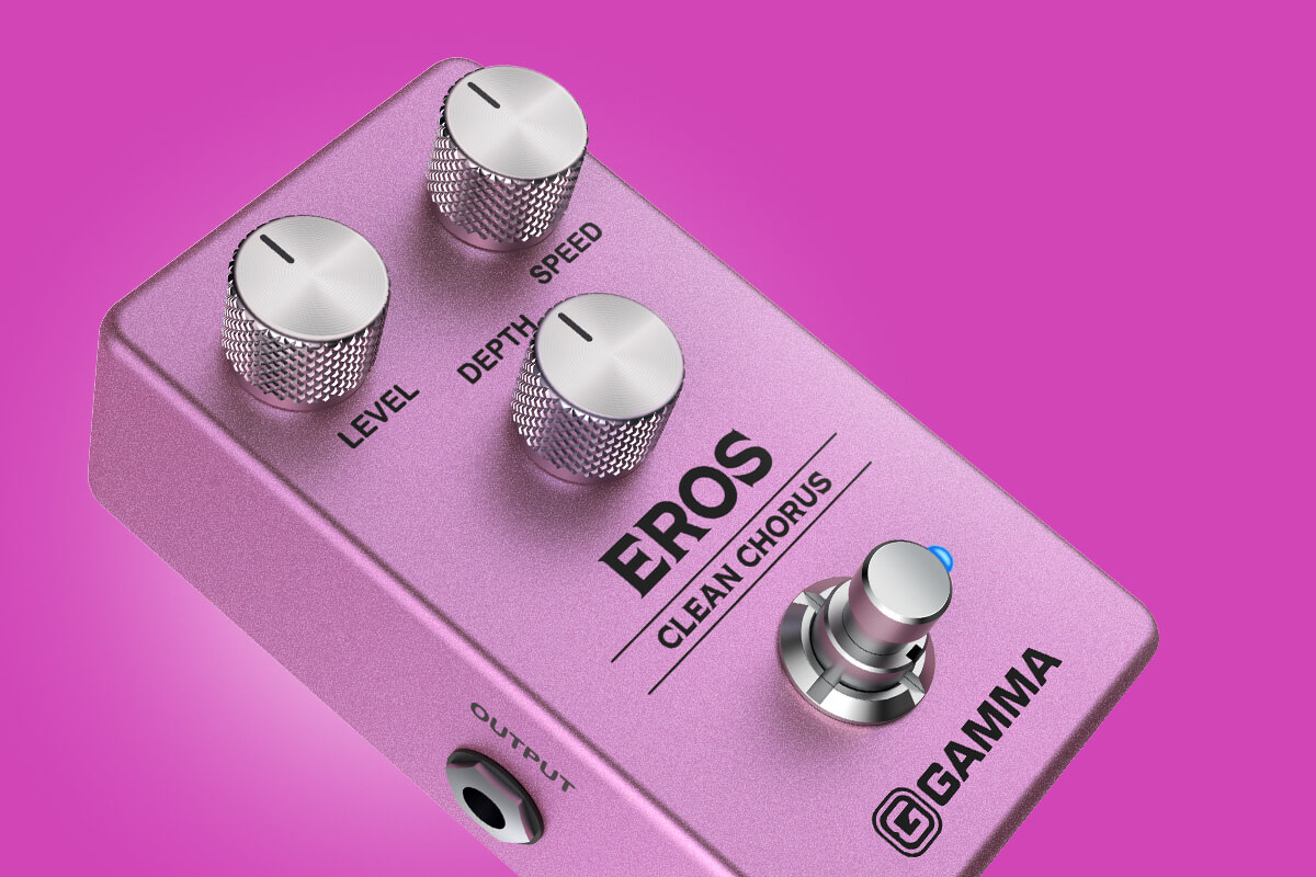 Gamma Eros clean chorus pedal floating on pink background close up.
