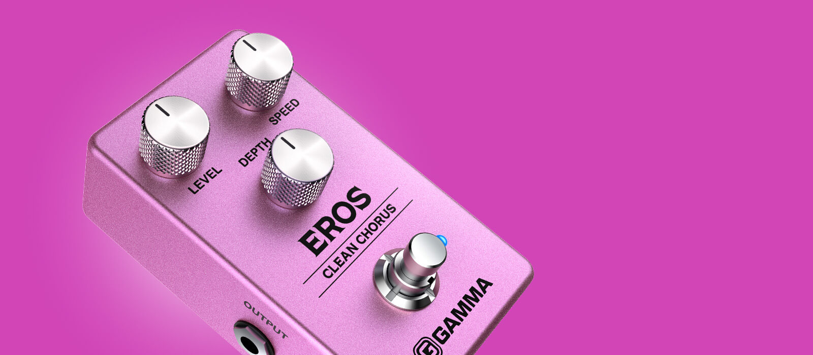 Gamma Eros clean chorus pedal floating on pink background.