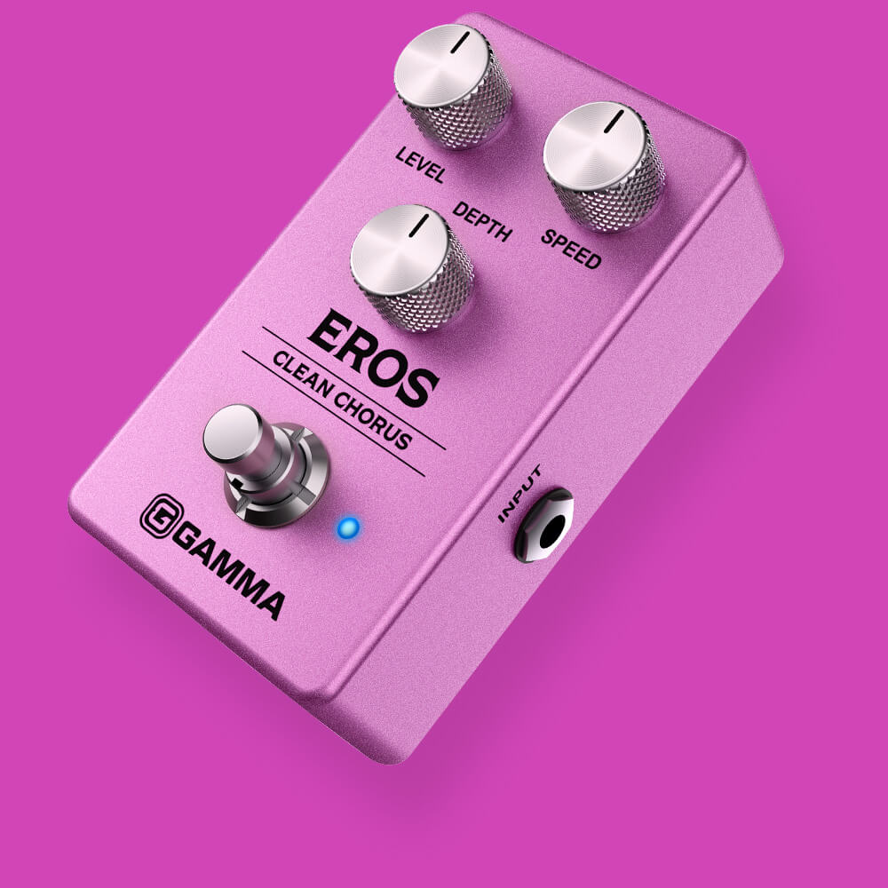 Gamma Eros clean chorus pedal floating in pink background angled left.