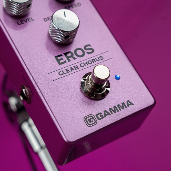 Gamma Eros clean chorus pedal in pink space close up.