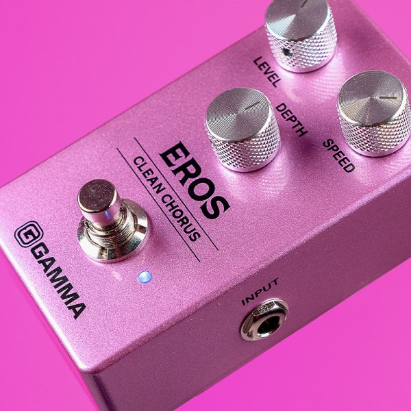 Gamma Eros clean chorus pedal floating on pink background.