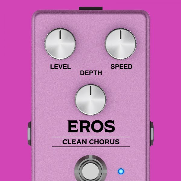 Gamma Eros clean chorus pedal knob close up on pink background.