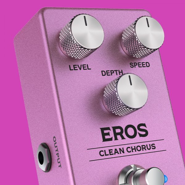 Gamma Eros clean chorus pedal angled knob close up on pink background.