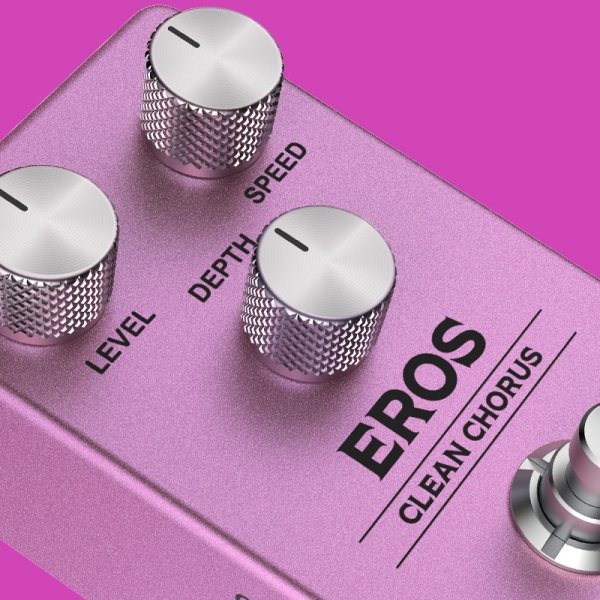 Gamma Eros clean chorus pedal knob angled close up on pink background.
