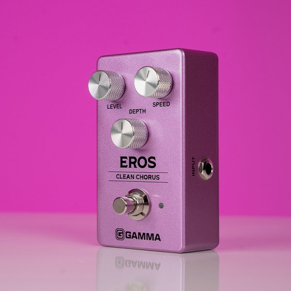 Gamma Eros clean chorus pedal standing left on the table.