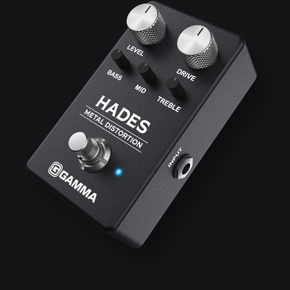 Gamma Hades metal distortion pedal angled floating in dark background.