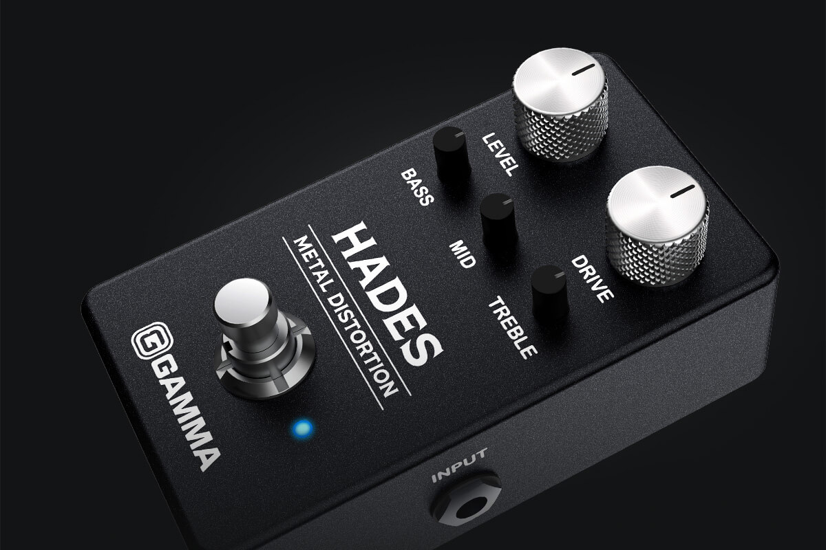 Gamma Hades metal distortion pedal floating in dark background close up.