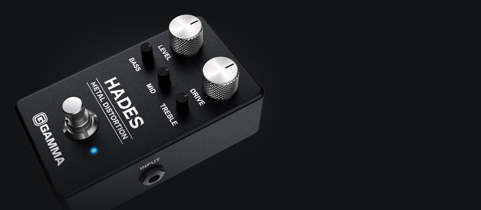 Gamma Hades metal distortion pedal floating in dark background.