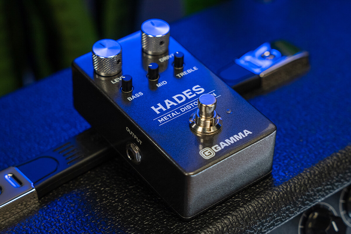 Gamma Hades metal distortion pedal on amplifier close up.