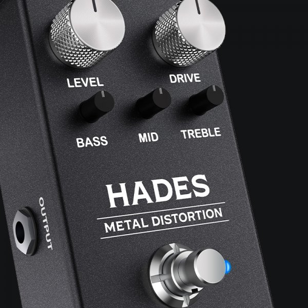 Gamma Hades metal distortion pedal floating on dark background close up.