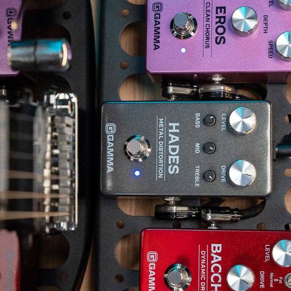 Gamma Hades metal distortion pedal on the pedalboard with other Gamma pedals close up.