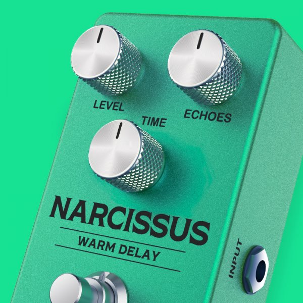 Gamma Narcissus warm delay pedal angled right close up on green.