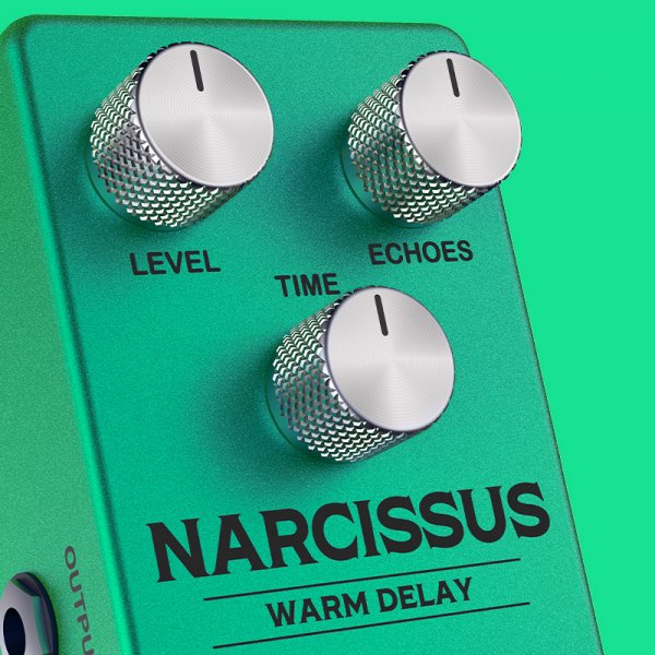 Gamma Narcissus warm delay pedal angled right knob close up on green.