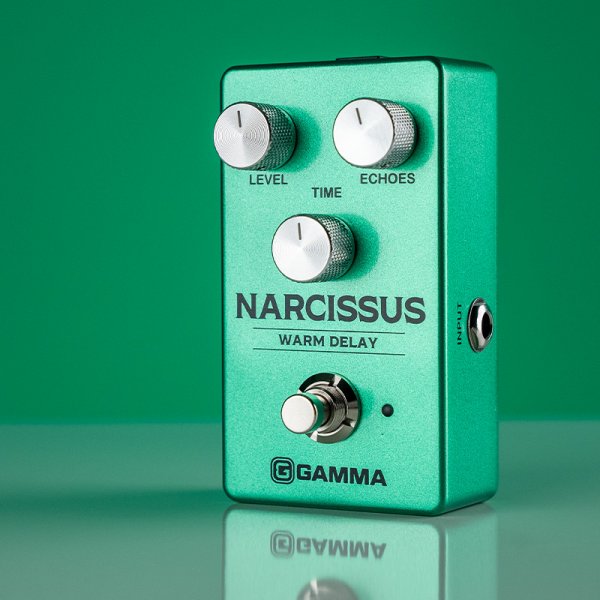 Gamma Narcissus warm delay pedal standing left in green space.