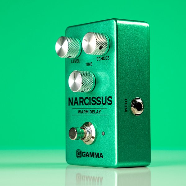 Gamma Narcissus warm delay pedal standing left in green space.
