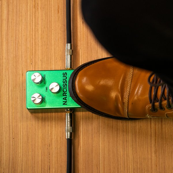 Gamma Narcissus warm delay pedal on the floor with foot.
