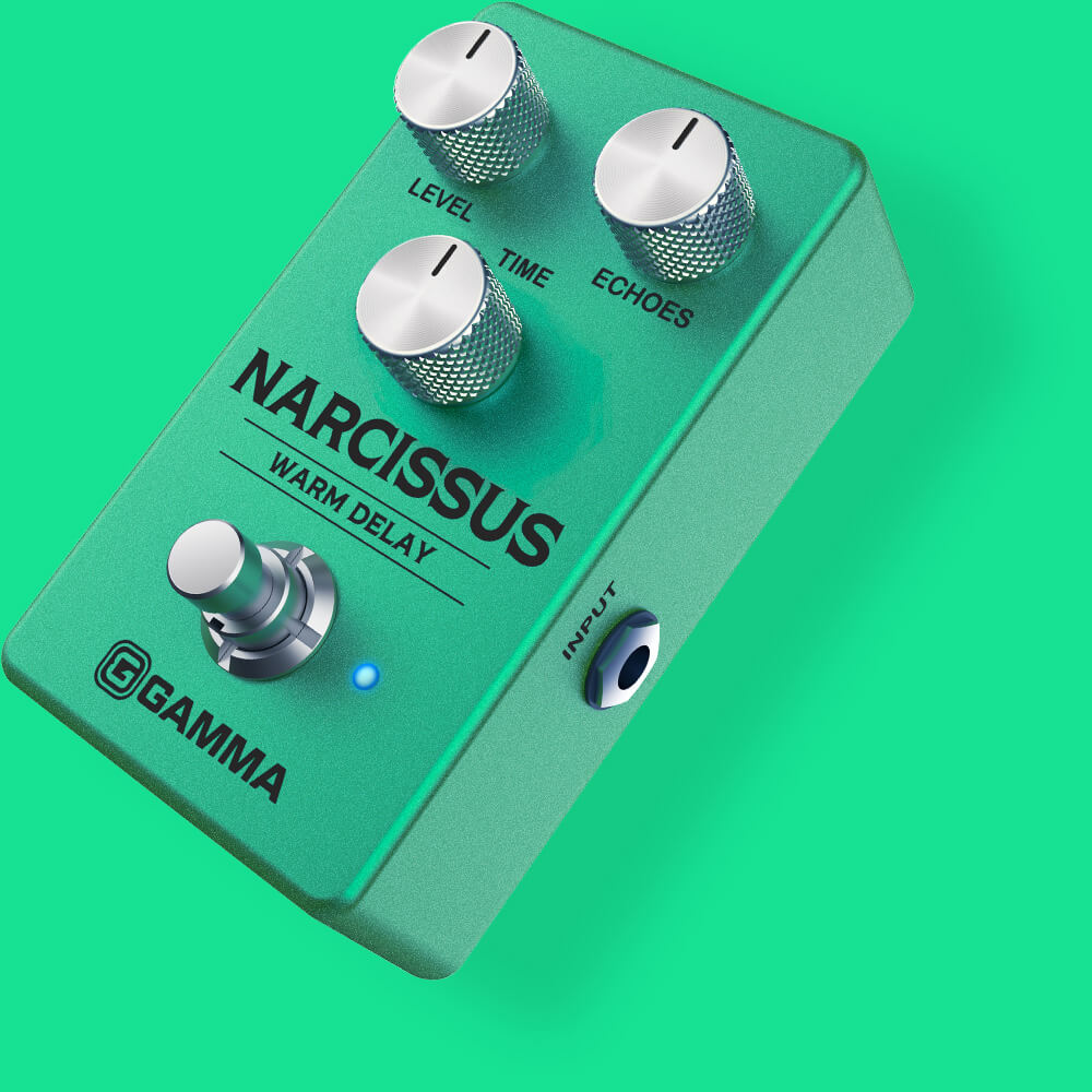 Gamma Narcissus warm delay pedal floating on green background.