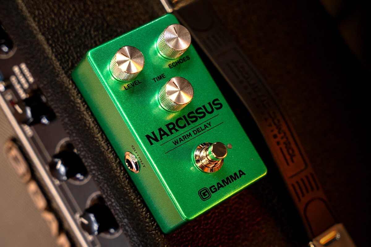 Gamma Narcissus warm delay pedal on top of the amplifier close up.