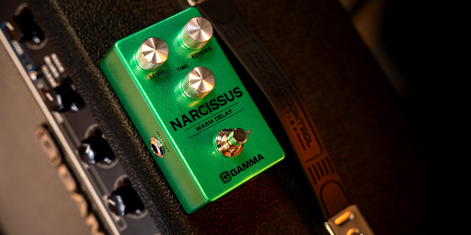 Gamma Narcissus warm delay pedal on top of the amplifier.