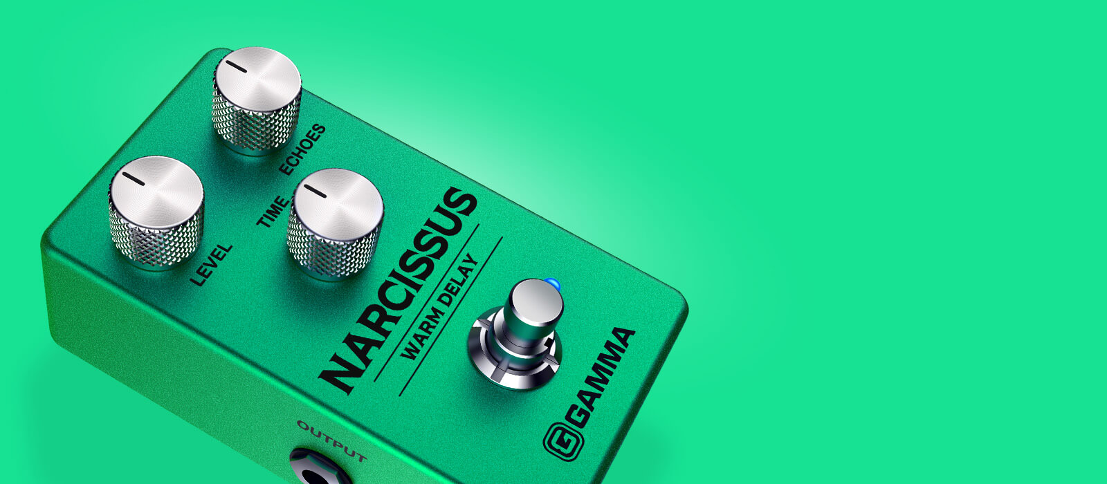 Gamma Narcissus warm delay pedal floating on green background.